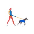 ÃÂ¡artoon style icons of dobermann and personal dog-walker with text. Cute girl with pet outdoors